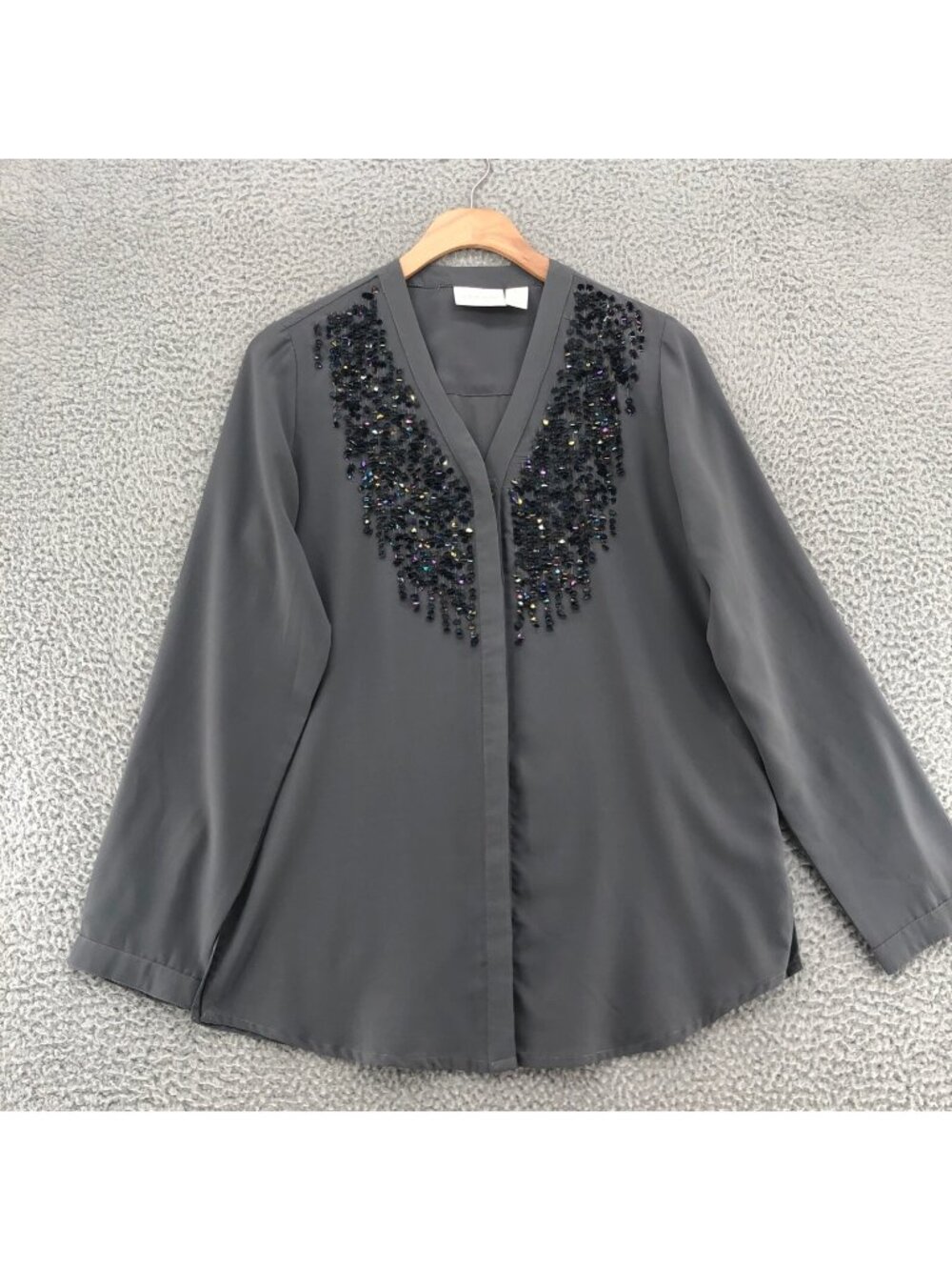 Chicos Blouse Womens 0 US Small Gray Iridescent Sequins Beaded V Neck Button Up